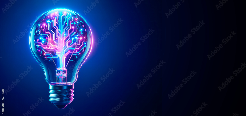 Poster glowing light bulb with circuit board inside on dark blue background, mockup. innovation concept. ge