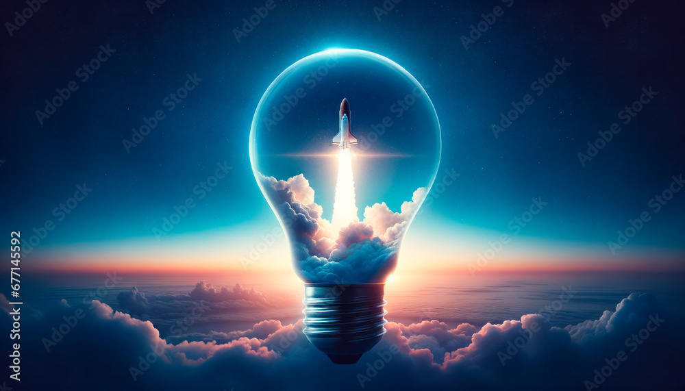 Poster start up concept with rocket and light bulb. generative ai