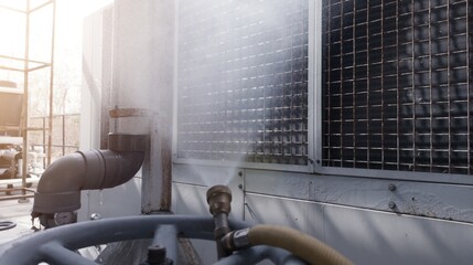 Water misting uses pressure water spray to lower the condenser temperature during an emergency when it overheats on the chiller machine. - obrazy, fototapety, plakaty