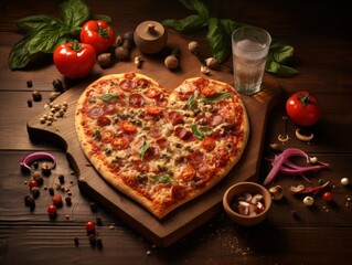 A delicious pizza in a heart shape on a wooden board in the kitchen