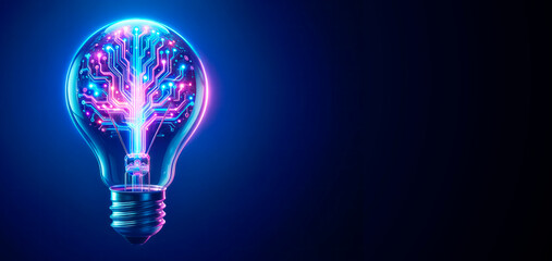 Glowing light bulb with circuit board inside on dark blue background, mockup. Innovation concept. Generative AI - obrazy, fototapety, plakaty