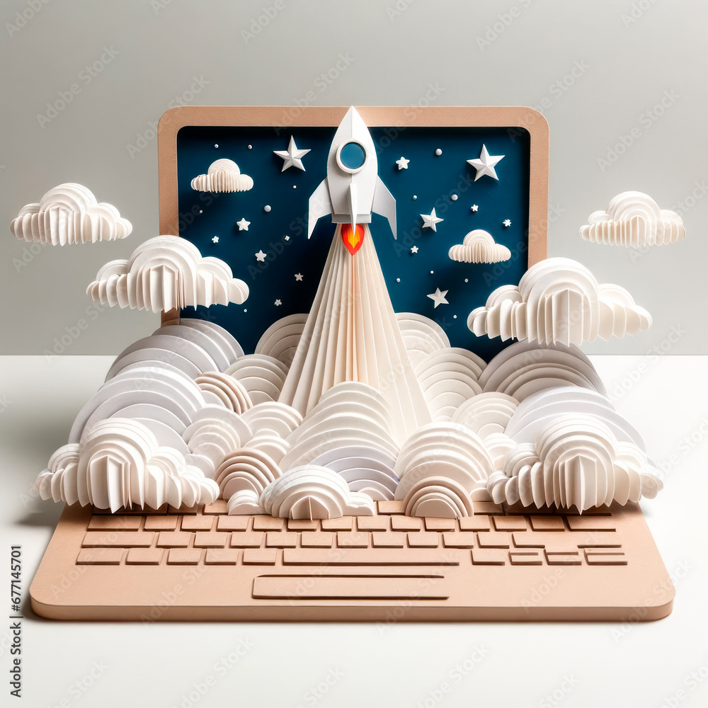 Poster paper art-style rocket launch from a laptop, modern and creative. generative ai