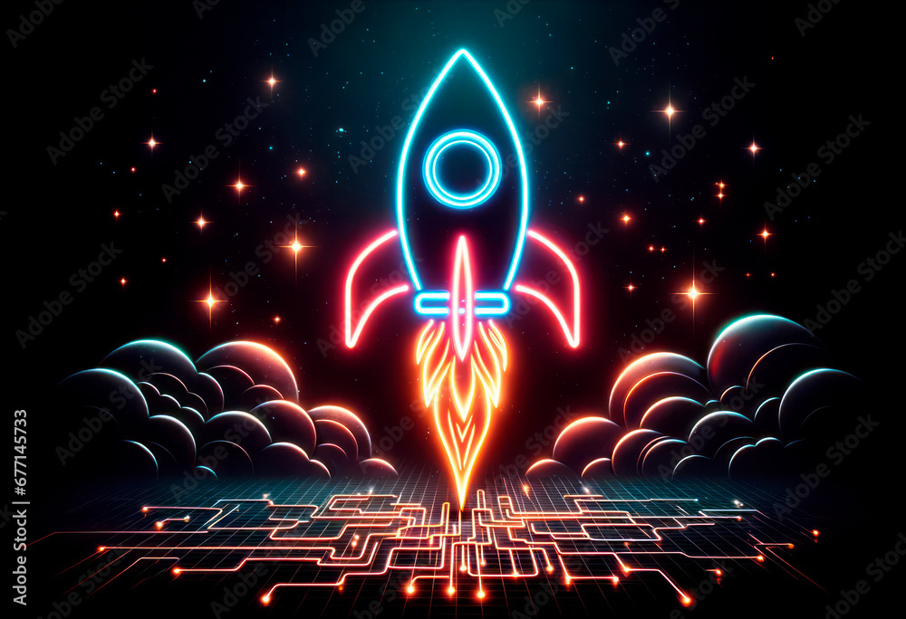 Aufkleber Neon rocket launch in retro-futuristic style Generative AI