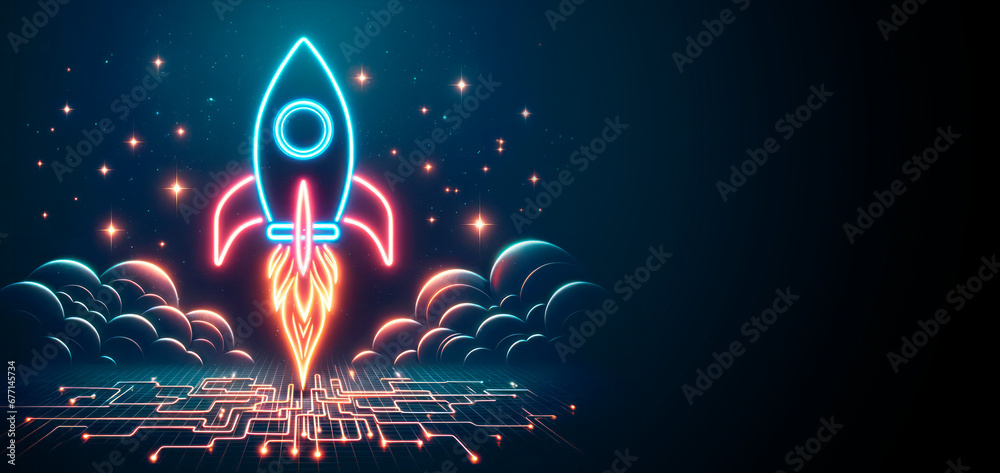Poster neon rocket launching with a futuristic circuit board, mockup. generative ai