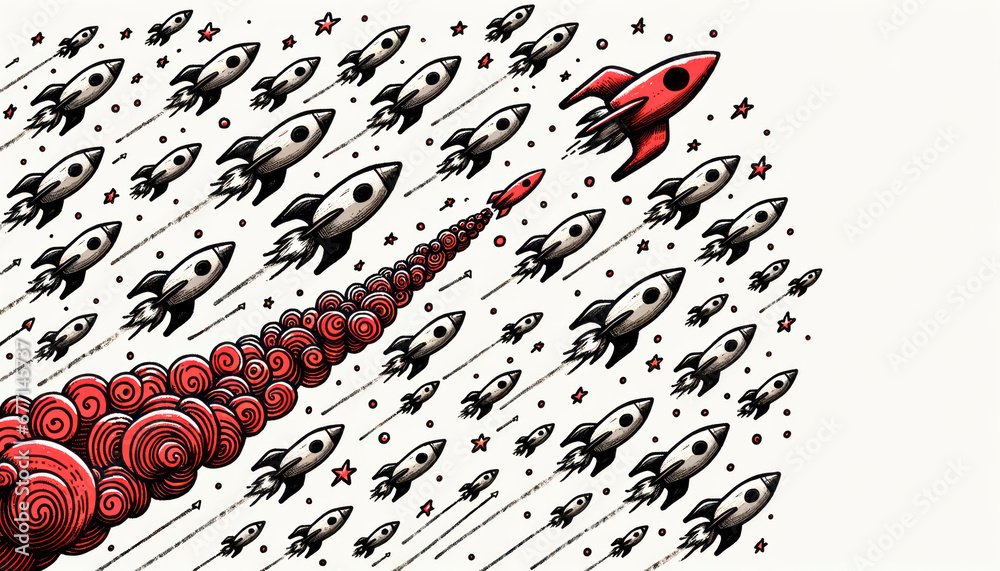 Aufkleber Red rocket breaking away from monochrome pattern. Generative AI