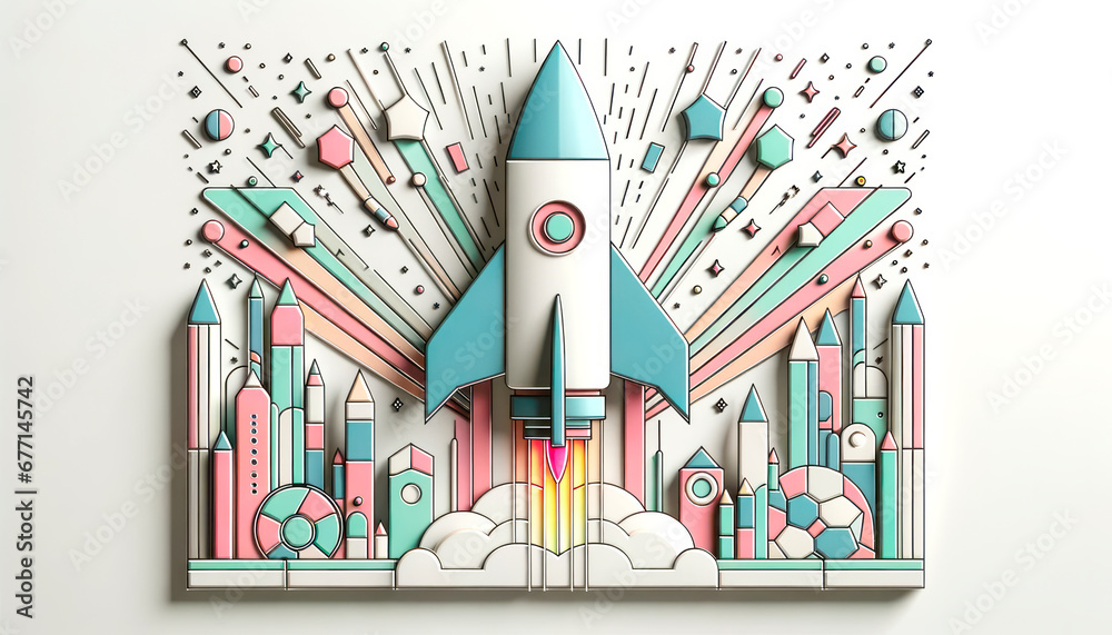 Poster rocket launch from a creative cityscape on laptop. generative ai