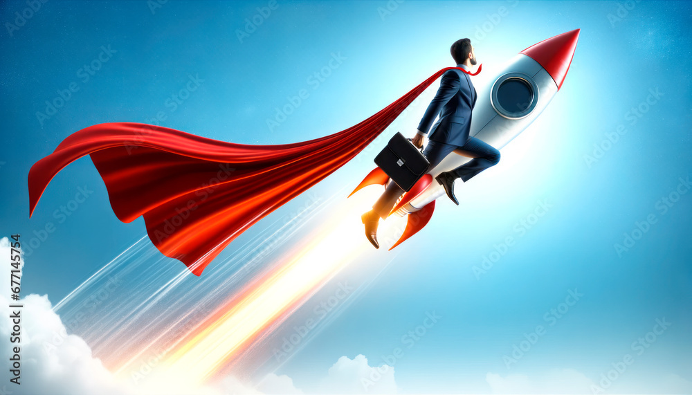 Poster dynamic businessman on rocket launch, career takeoff. generative ai