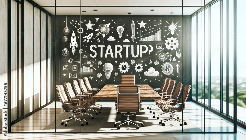 Poster innovative business meeting room with startup sketch. generative ai