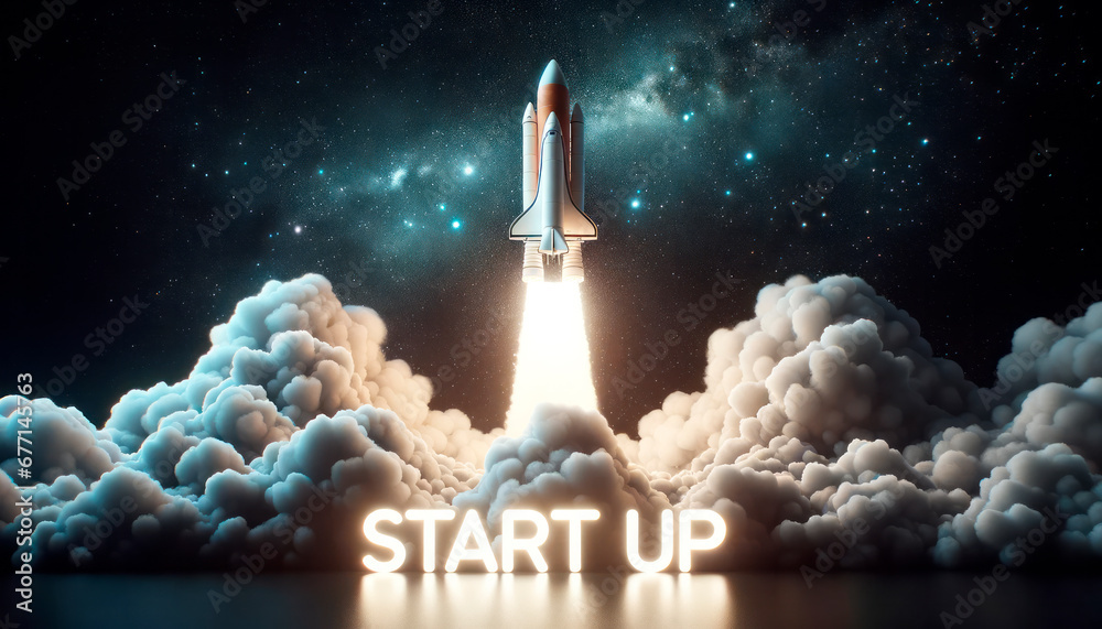 Poster Shuttle launch over clouds with glowing START UP sign, Generative AI