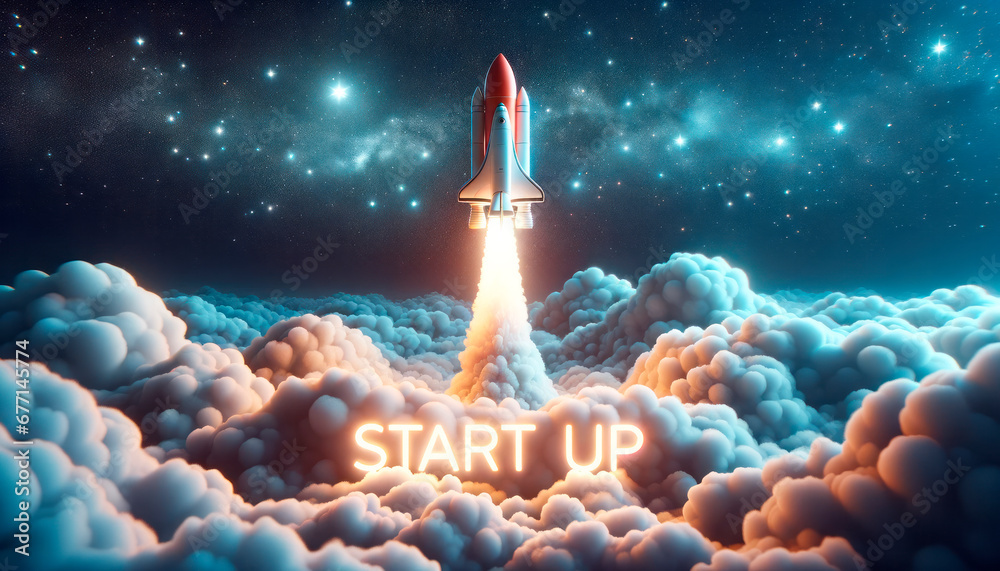 Poster shuttle launch illuminating start up sign in starry sky. generative ai
