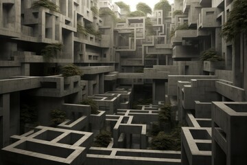 Obraz premium gray concrete endless maze or labyrinth. Post apocalyptic city architecture fantasy.