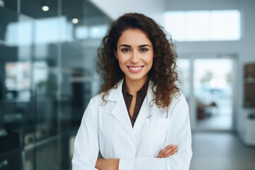 Fototapeta na wymiar beautiful female hispanic brunette doctor in white scrubs at clinic or hospital, smiling
