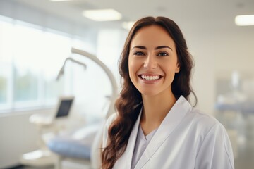 Fototapeta premium beautiful female Latin American brunette doctor in white scrubs at clinic or hospital, smiling