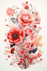 vintage floral illustration with pink on white background, vertical colorful tattoo style