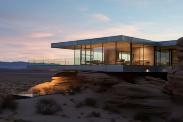 luxury modern glass and concrete villa in the desert with a pool. Minimal architecture.