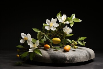 Neroli branch flower on natural stone podium on black background. Aromatherapy, natural cosmetics, perfume showcase.