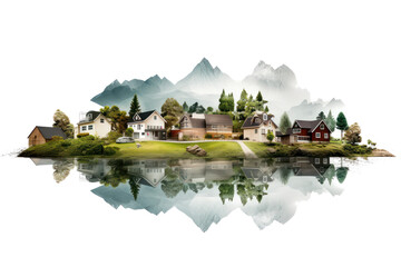 cute realistic village buildings, houses, cottages and farm, isolated on transparent background