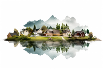 cute realistic village buildings, houses, cottages and farm, isolated on transparent background
