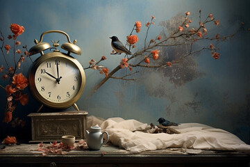 alarm clock on the bed - obrazy, fototapety, plakaty