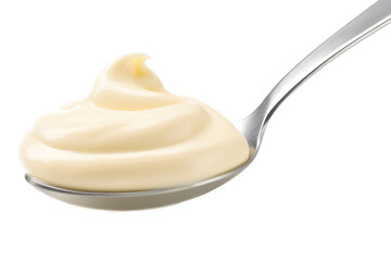 Spoon of mayonnaise isolated on white background, full depth of field