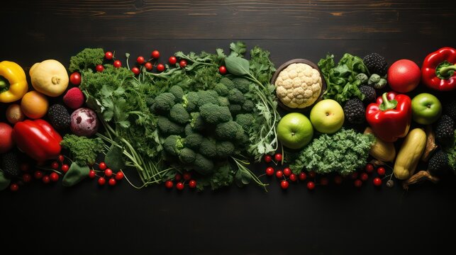Variety of fresh herbs and veges in the row wooden background