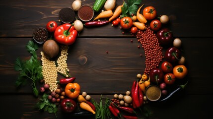Vegetables and spices decorated in circle on black wooden table