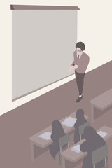 Illustration of a man wearing glasses giving a presentation in a lecture room