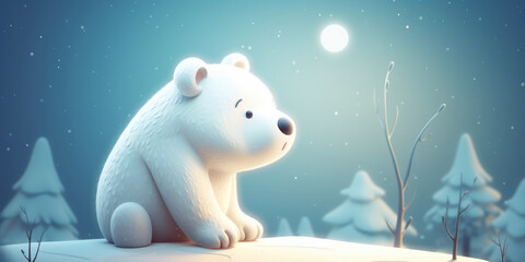 Obraz na płótnie Canvas Cute Cartoon Polar Bear sitting on the snow in the winter forest. Beautiful background for banner and greeting card for Christmas, New Year, XMas, Winter holiday