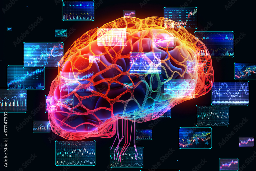 Aufkleber human brain with market analytics projections. generative ai