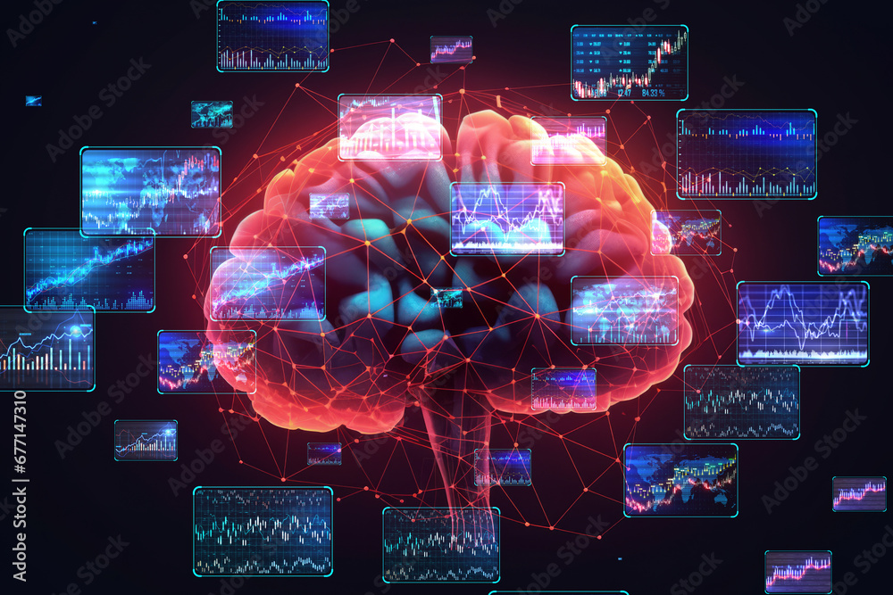 Aufkleber Brain network with interconnected stock data panels. Generative AI