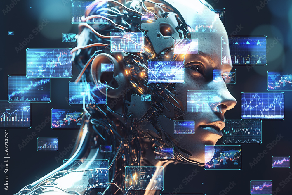 Poster Cyborg profile with stock market analytics interface. Generative AI