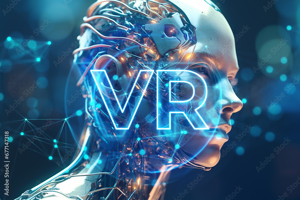 Poster Cybernetic head with virtual reality projection. Generative AI