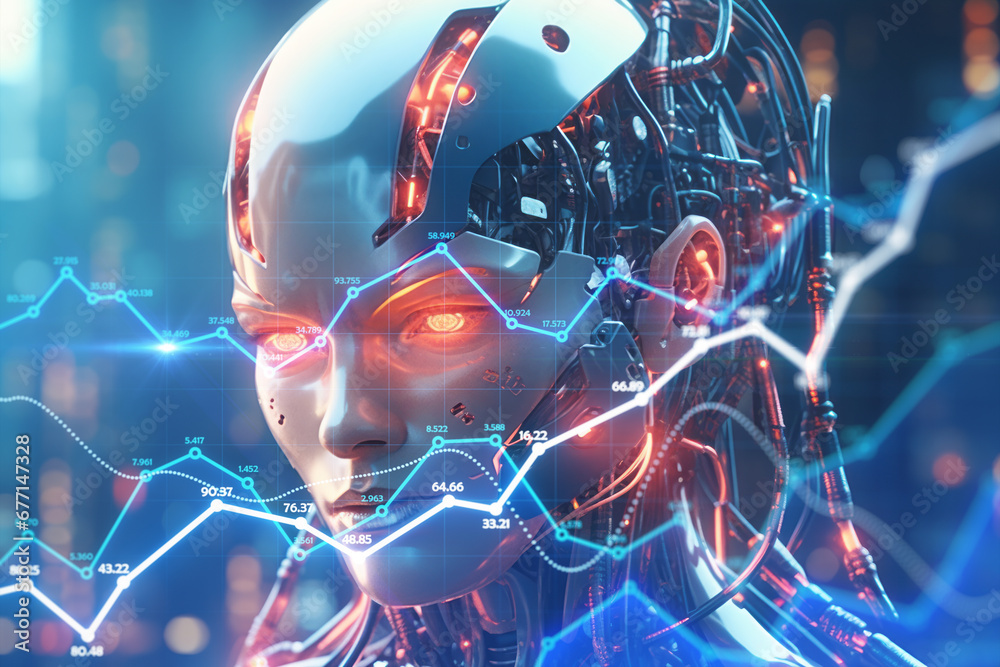 Poster Cybernetic humanoid face with neural network. Generative AI