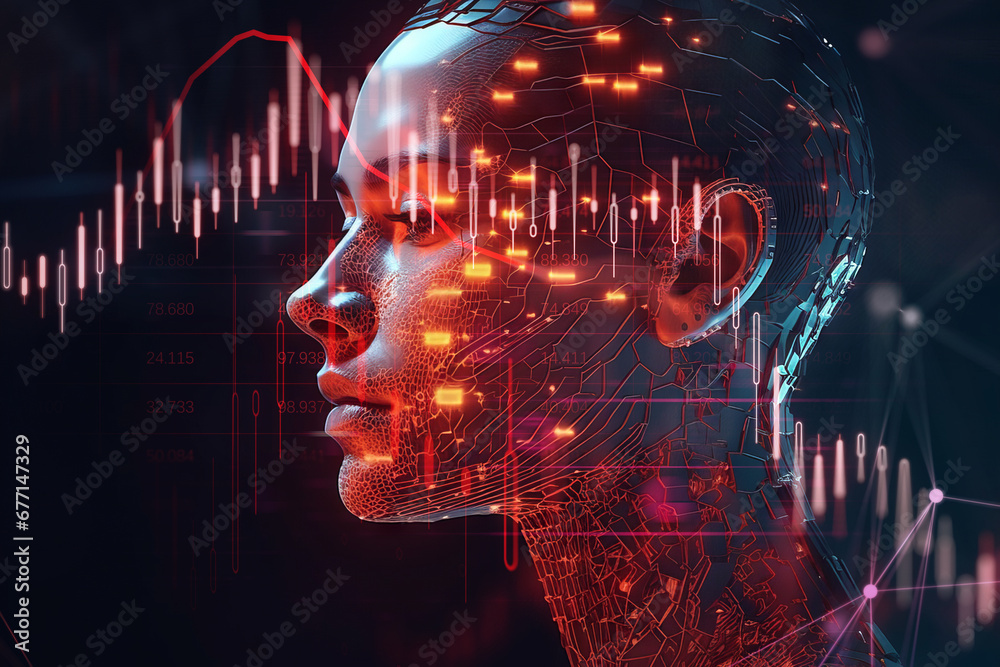 Aufkleber profile of a digital face with market data overlay. generative ai