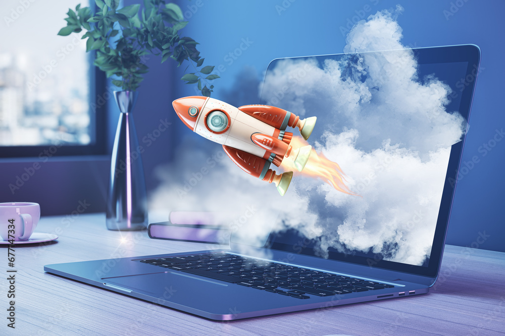 Poster rocket launch from a laptop concept illustration. generative ai