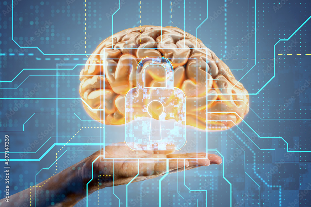 Aufkleber digital security concept with brain and padlock, generative ai