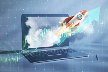 Rocket launching from a laptop with stock market trend. Generative AI