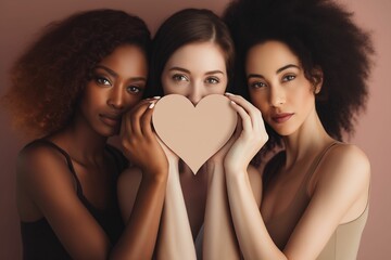 three beautiful women with heart shaped objects around their eyes posing together - obrazy, fototapety, plakaty