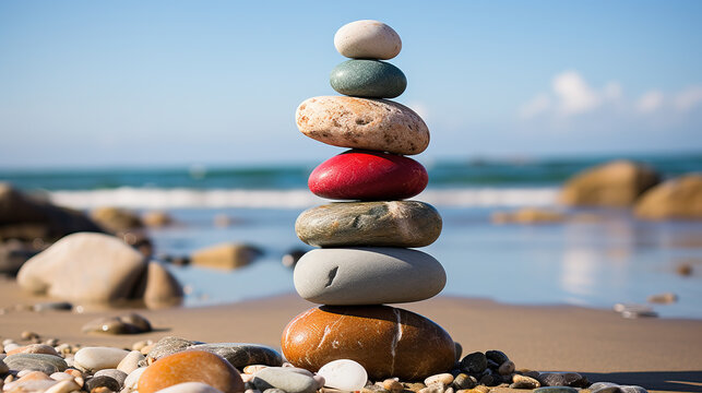 pyramid or tower of stones on the river bank, zen, harmony, chedo, water, rocks, lake, spa, relaxation, nature, tranquility, beauty, balance, landscape, minerals, shape, structure, religious cult