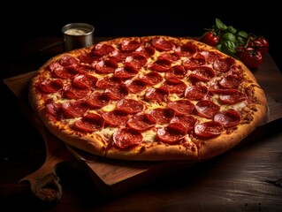 A delicious pepperoni pizza with perfectly cooked crust and toppings, served at a famous pizzeria on a cozy Valentine's evening