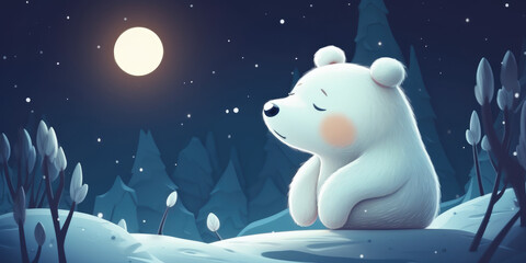 Obraz na płótnie Canvas Cute cartoon polar bear sitting in the winter snowy forest at night looking full moon