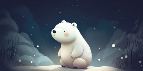 Obraz na płótnie Canvas Cute Cartoon Polar Bear sitting in snowy winter forest at night. Beautiful background for banner and greeting card for Christmas, New Year, XMas, Winter holiday