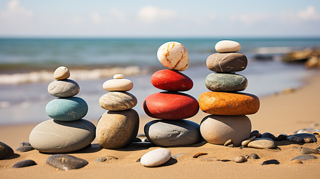 pyramid or tower of stones on the river bank, zen, harmony, chedo, water, rocks, lake, spa, relaxation, nature, tranquility, beauty, balance, landscape, minerals, shape, structure, religious cult