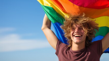 One young shaggy guy holds a rainbow flag symbol of sex minorities at the LGBT festival. Freedom of speech and self-expression. Generative AI.