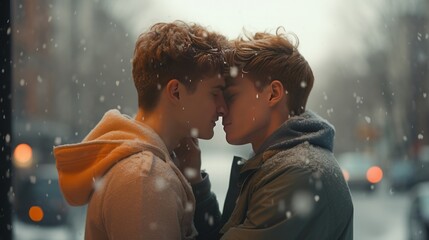 Gay love, non-traditional values and freedom of speech. Two young attractive guys hug and kiss in the center of the city in the middle of the street during a snowfall. Generative AI. - obrazy, fototapety, plakaty