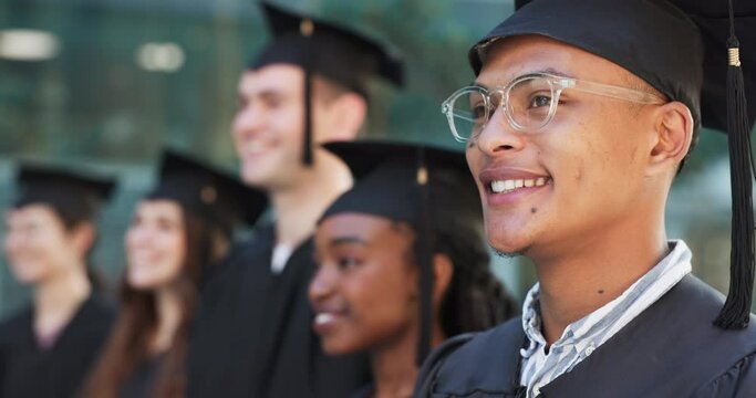 Graduation, ceremony or face of happy man on campus for education, achievement or school success. Scholarship, college diploma or excited student graduate with smile, pride or degree certificate