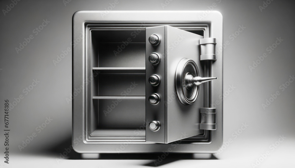 Poster metal safe with a open door on a gray background. generative ai