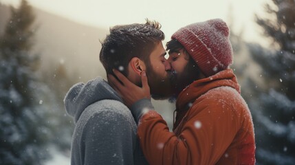 Gay love, non-traditional values and freedom of speech. Two young attractive guys hug and kiss in winter forest during a snowfall. Generative AI. - obrazy, fototapety, plakaty