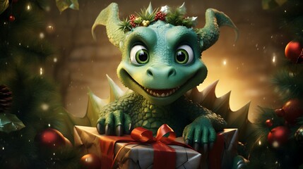 Cartoon Green Dragon Hiding in Gift Box Under Christmas Tree