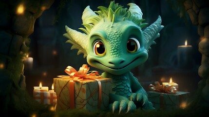 Cartoon Green Dragon Hiding in Gift Box Under Christmas Tree
